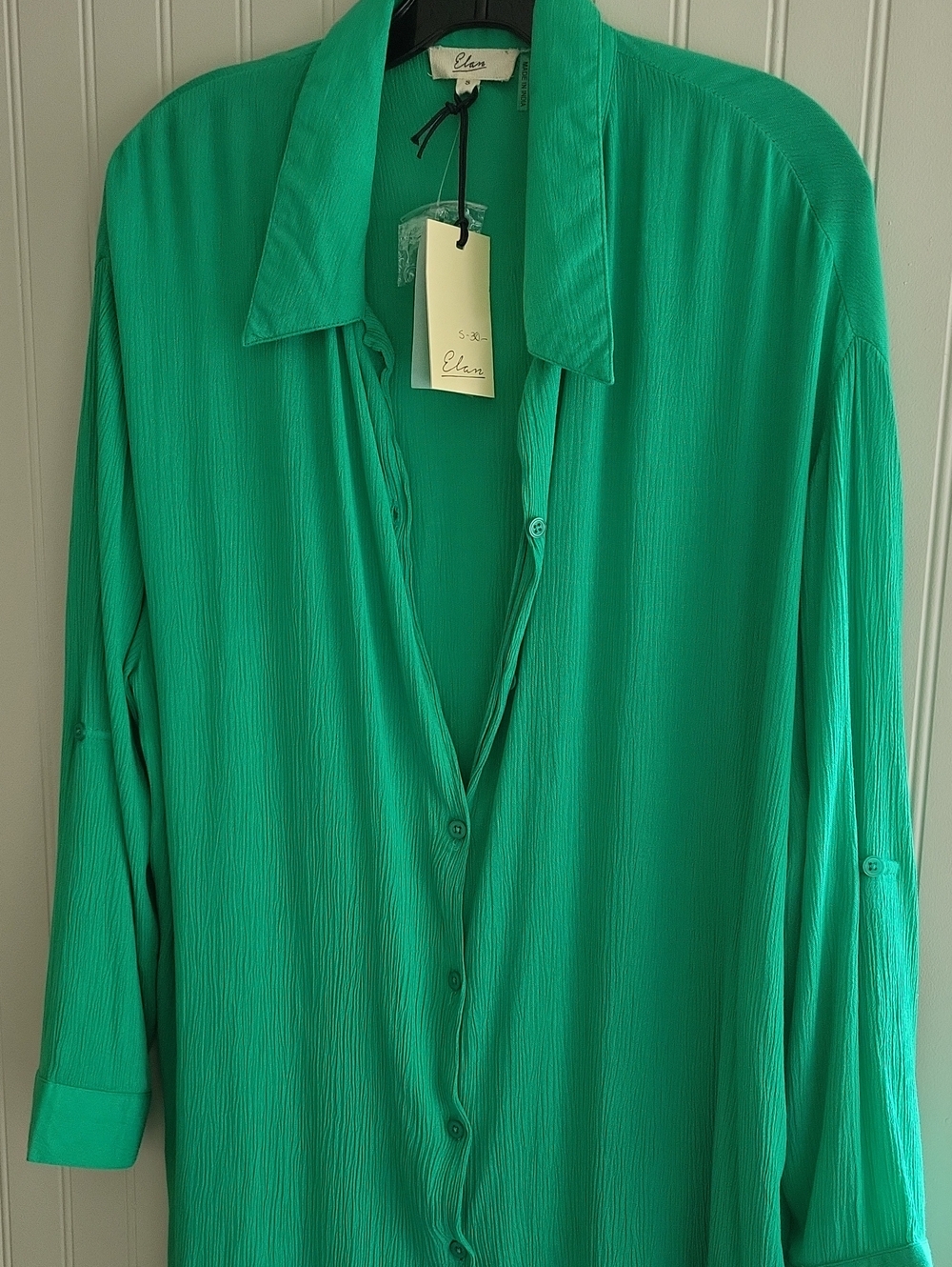 NWT Elan Kelly Green Crinkle Gauze Oversized Button Down Tunic Top / Swim Cover